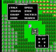 Screenshot of Dragon Warrior IV for the NES. Ragnar the soldier roams the overworld near the castle. The field menu is open, showing the commands TALK, STATUS, EQUIP, DOOR, SPELL, ITEM, TACTICS, and SEARCH. A status window shows that Ragnar has 27 HP, 0 MP, and is level 1.