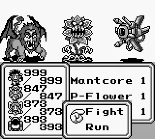 Battle screenshot of Final Fantasy Legend II. The four heroes are a male human, a female mutant (pointy-eared humanoid), a fairy, and a robot. They're fighting against a Manticore, a giant flower, and a one-eyed hovering robot.