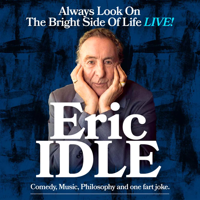 Man leaning on his elbows holding his face in his hands. Text contains Eric Idle event information