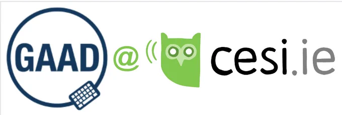 a logo with upper case letters GAAD inside a circle with a tiny keyboard at the 5-o-clock position beside a logo of a cartoon owl with wifi waves beside its head, and the lower case letters cesi.ie