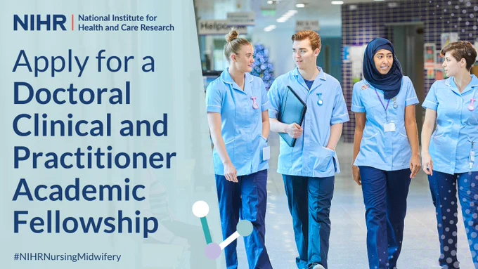 Four healthcare workers walking together, next to the words 'Apply for a Doctoral Clinical and Practitioner Academic Fellowship'
