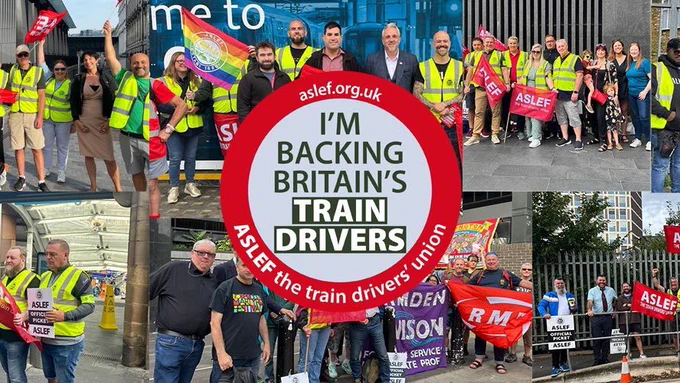 A montage of photos of picket lines with text that says I’m backing Britain’s train drivers