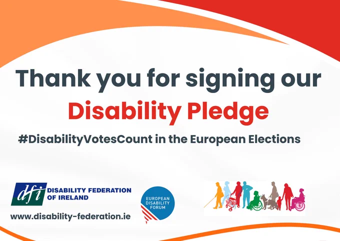 Thank you visual for our #DisabilityPledge for the EU Elections - logos of DFI and EDF with cartoon of disabled people. 