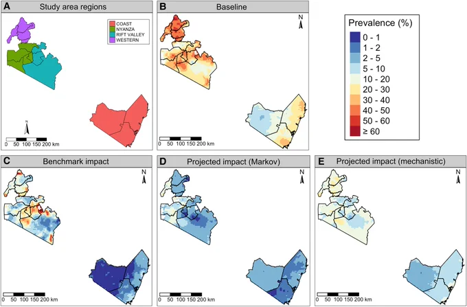 Figure 1 from the paper split into five graphs showing the study area and projected impacts of modelling.