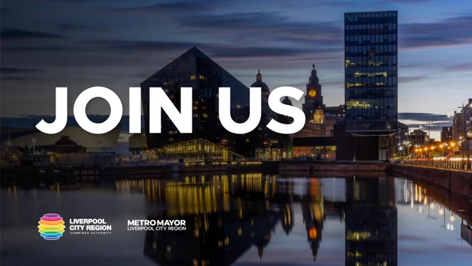 Mann Island and Canning Dock at night with white text reading - Join Us. LCRCA and Metro Mayor logos bottom left.