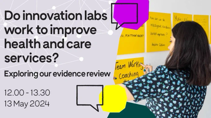 A lilac background with an image of a person sticking post-it notes to the wall and text reading 'Do innovation labs work to improve health and care services? Exploring our evidence review, 12:00-13:00, 13 May 2024'.