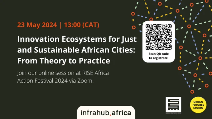 Online event on 23 May at 13:00 CAT. This poster is an online event invitation titled "Innovation Ecosystems for Just and Sustainable Cities". Includes registration link and QR code. 