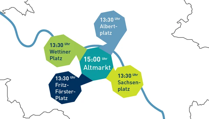 15:00 Uhr Altmarkt
13:30 Uhr Wettiner Platz
13:30 Uhr Fritz-Förster-Platz
13:30 Uhr Sachsenplatz
13:30 Uhr Albertplatz
