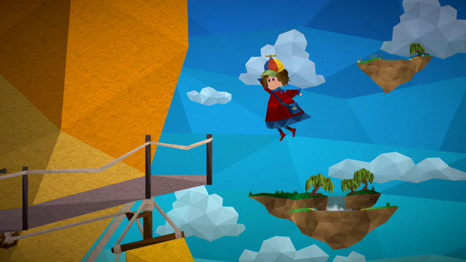 Curly, the main character of our game “Passing By - A Tailwind Journey”, floating through the air, carried by their colorful propeller hat and ready to land on the observation deck of their balloon ship. 