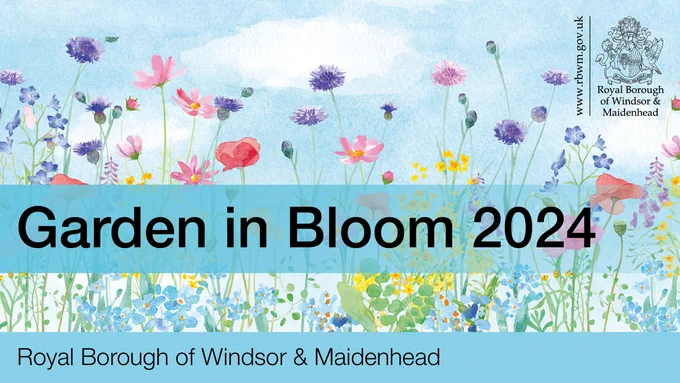 Graphic showing flowers against a sky backdrop. Text: Garden in Bloom 2024