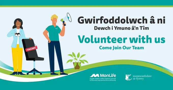 Graphic with two people text reads: Gwirfoddolwch a ni! Dewch i Ymuno a'n Tim! Volunteer with us. Come join our team!