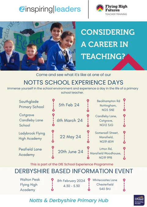 Poster displaying dates of school experience days for initial teacher training. Image includes happy children.