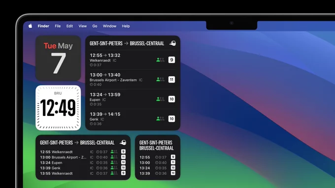A screenshot of a macOS Sonoma desktop featuring 3 different sizes of Railer widgets.