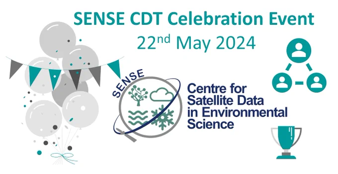 Graphic with the text SENSE CDT Celebration Event - 22nd of May, the SENSE CDT logo and illustrations of balloons, bunting, a network of people and a trophy. 