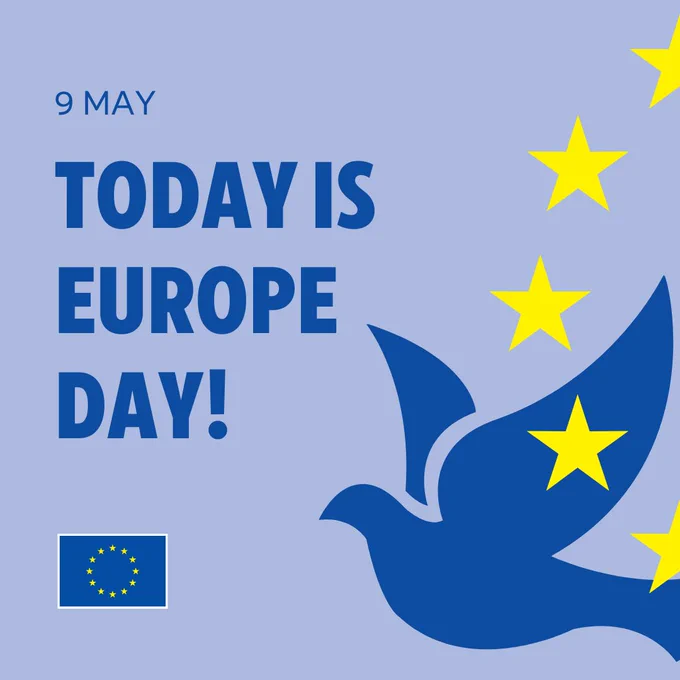 A visual showcasing the Peace Dove and the European Flag; The text reads: "9 May - Today is Europe Day!"