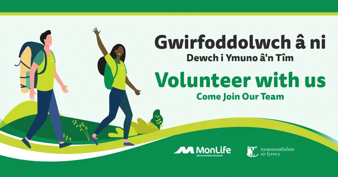 Graphic of people walking in the countryside. Text reads: Gwirfoddolwch a ni! Dewch i Ymuno a'n Tim! Volunteer with us. Come join our team!