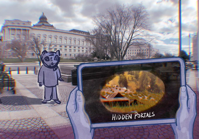 Hands holding phone depicting a portal of a rural scene, with an a-frame building, long grasses and trees. In the distance, a person poses in a tiger mask in front of the Jefferson building. Illustration by Jeffrey Yoo Warren.