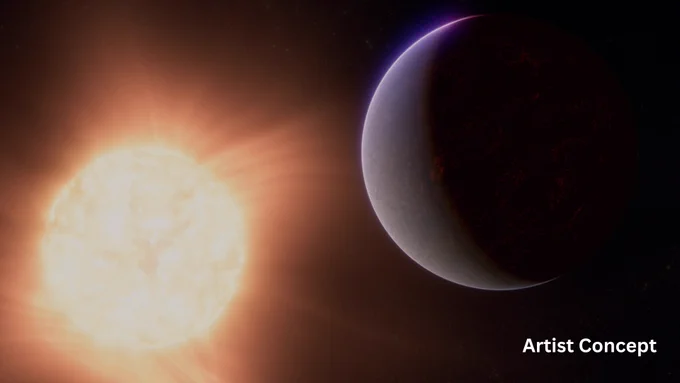 Labeled artist illustration: Illustration of a rocky exoplanet and its star. The star is in the background at the lower left and appears somewhat, but not significantly, smaller in the sky than the planet. It has a bright orange-red glow, and appears to have an active surface. The planet is in the foreground to the upper right of the star. The left quarter of the planet (the side facing the star) is lit, while the rest is in shadow. The planet has hints of a rocky, partly molten surface beneath the haze of a thin atmosphere. The boundary between the day and night sides of the planet is fuzzy. A small label in the bottom right corner reads "Artist Concept."