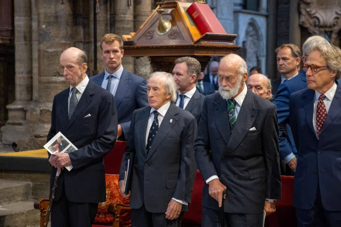 HRH The Duke of Kent, Sir Jackie Stewart, and HRH Prince Michael of Kent standing during a service in Westminster Abbey