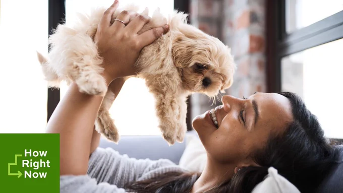 A young woman cuddling her dog. How Right Now logo.