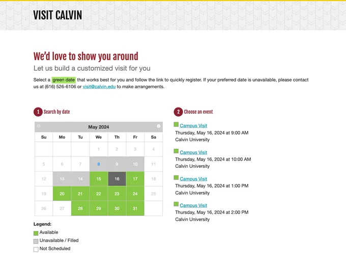 A screengrab of a two column layout from Calvin's New Student Portal. The screengrab features a jumbo sized date-picker / calendar on the screen's left half and upcoming events listed along the right. 