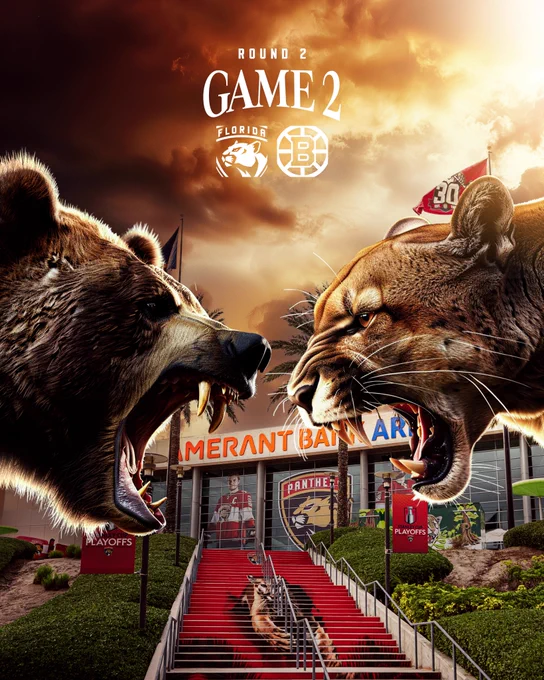 A bear and a Florida panther roar at each other.

In the background is the front of Amerant Bank Arena. The sky is slightly cloudy with an orange glow filtering through.

At the top in white font: “Round 2, Game 2” and the Panthers and Bruins logos in white.