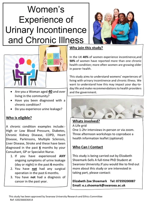 PhD student, Zoe's poster about her Swansea University study, entitled 'Women's experience of urinary incontinence and chronic illness' invites people to contact her for more information by emailing e.z.shoemark@swansea.ac.uk 