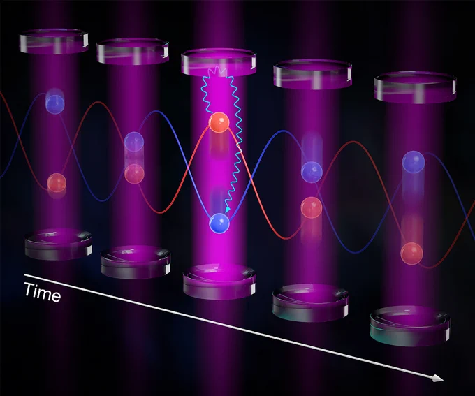 Atoms inside of an optical cavity exchange their momentum states by "playing catch" with photons. As the atoms absorb photons from an applied laser, the whole cloud of atoms recoil rather than the individual atoms.

Image Credit
Steven Burrows/Holland, Rey, and Thompson groups