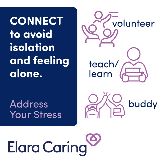 "Connect to avoid isolation and feeling alone. Address your stress" with outlined icons to represent people volunteering, teaching/learning and spending time with a friend.