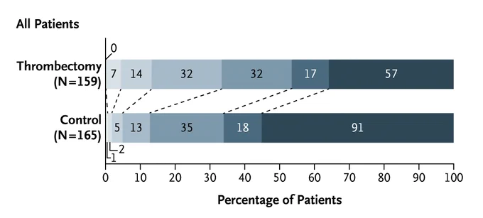 The distribution of the modified Rankin scale scores at 90 days after randomization in all the patients