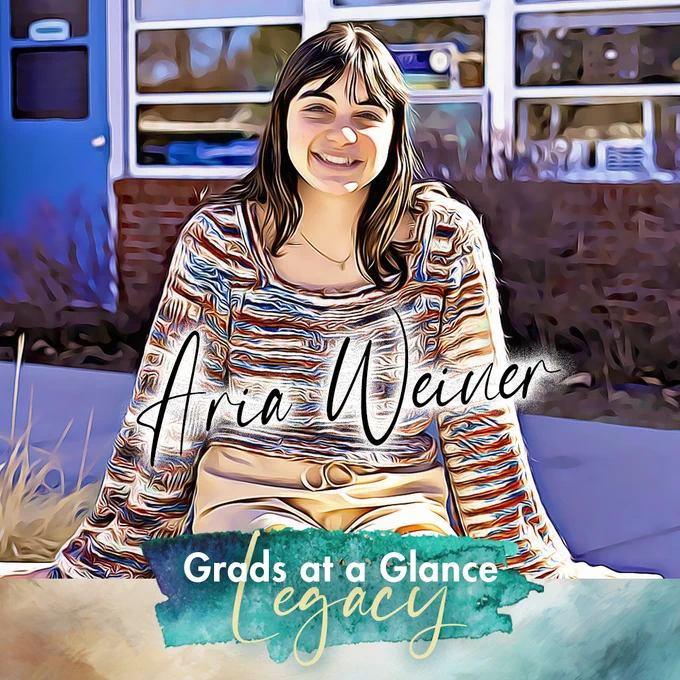 A portrait of Polaris Expeditionary Learning School senior Aria Weiner sitting outside Polaris. The photo is edited to look like a painted portrait. Her name is in the middle of the photo in cursive, like a signature, and below is a watercolor design as the background for the following text: Grads at a Glance Legacy.
