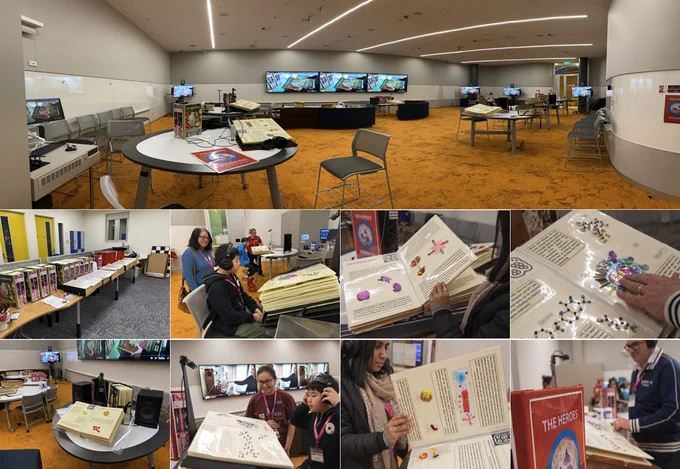 Collage of photos from the Multisensory Science Book show at the Monash Sensory Science 2023 Exhibition Day. Shows the exhibition room, the multisensory books and people engaging with the books