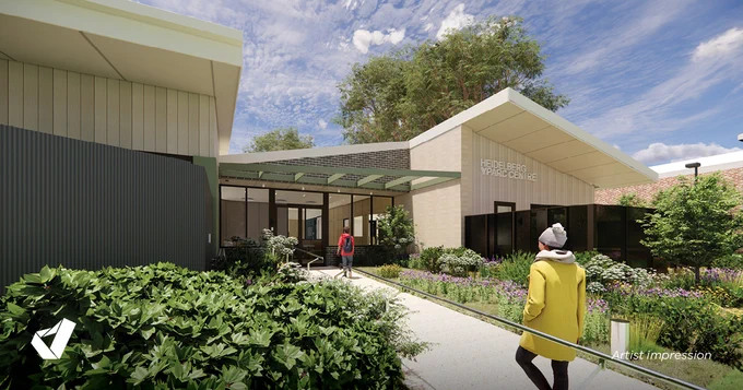Artist impression of young people walking towards a building with a sign ‘Heidelberg YPARC centre’.