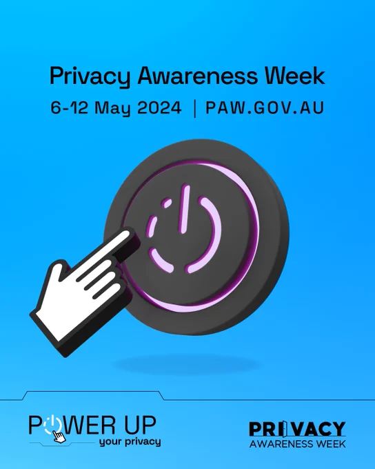 Illustrated power button with a hand cursor about to press it. Text reads, ‘Privacy Awareness Week. 6–12 May 2024. paw.gov.au.’