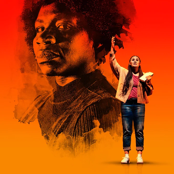A stylised image of Apphia Campbell as Assata Shakur fills the frame with an orange and red filter laid over the image in a 1960s style. In the foreground, Tinashe Warikandwa as Ambrosia stands in jeans and a beige cardigan with her arm raised, holding a book. 