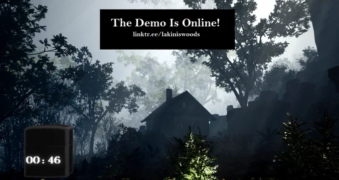 A cottage is resting on a cliff in the middle of a large forest at morning. The caption reads: "The Demo Is Online!" and a link to the gamedevs Linktree is posted below.