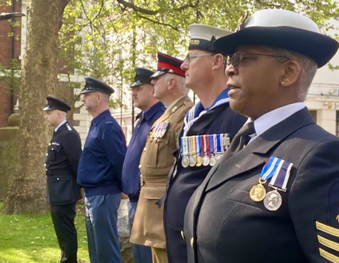 PO Matthews and LH Anton alongside representatives from the Army, RAF and Police at the VE79 commemorations in Wolverhampton.