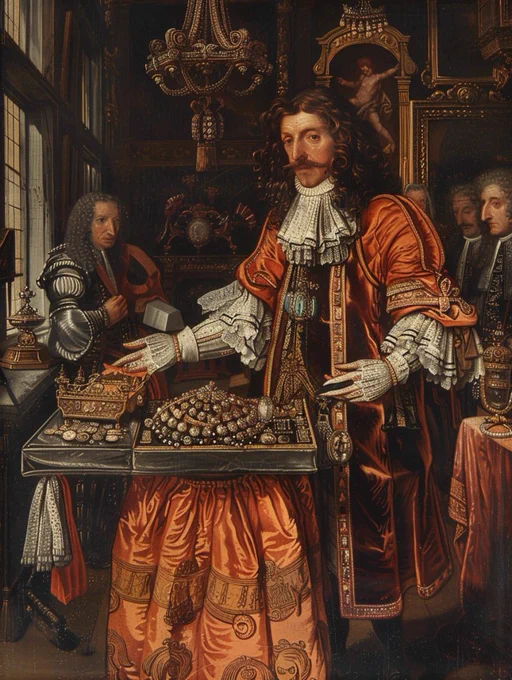 color illustration of colonel blood stealing the crown jewels, 1671 --ar 3:4 --v 6.0