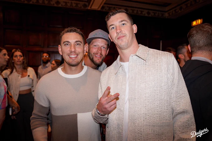 A photo of Austin Barnes, Walker Buehler and Clayton Kershaw.