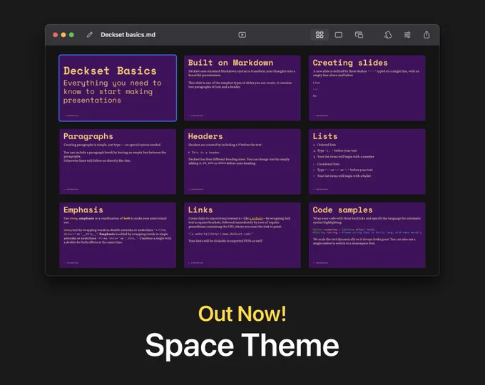 Deckset app screenshot showcasing new Space theme.