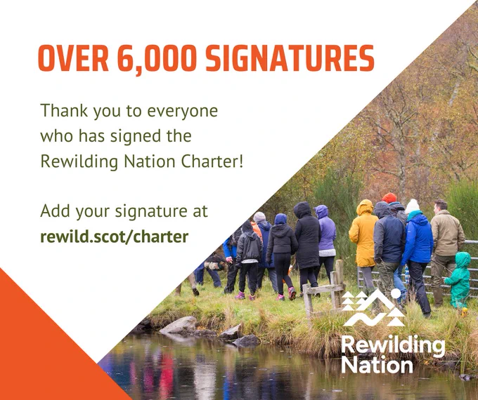 A graphic that reads "Over 6,600 signatures - Thank you to everyone who has signed the Rewilding Nation Charter!

Add your signature at rewild.scot/charter". There is an image of people exploring a riverbank in a birch woodland, and the Rewilding Nation logo on the bottom right corner.