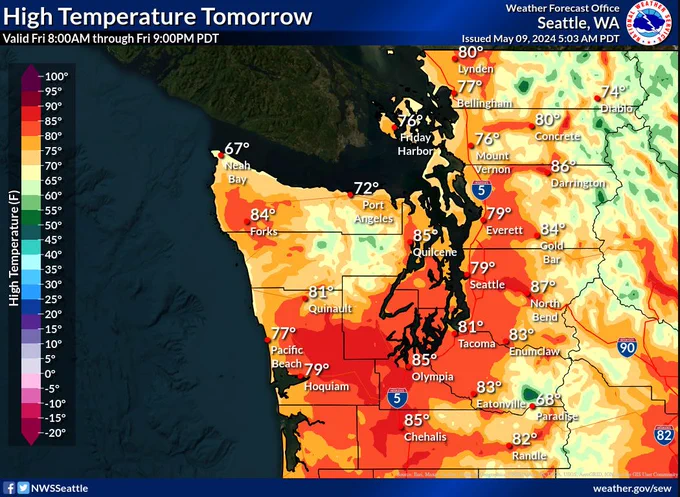 High temperatures for Friday. Highs in the 70s to mid 80s with the warmest locations being the Cascade foothills, North Coast and Southwest Interior. 