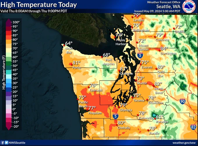 High temperatures for Thursday. Highs mostly in the 70s with lower 80s in the Cascade foothills, North Coast and parts of the Southwest Interior. 