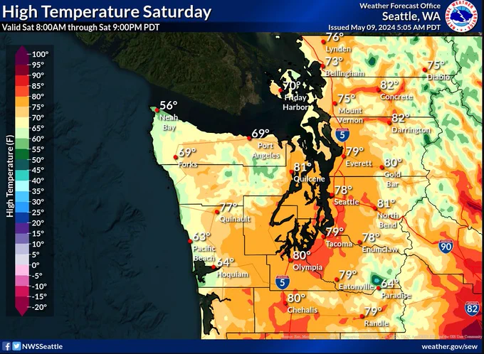 High temperatures for Saturday. Much cooler along the coast with highs in the mid 60s. Slightly cooler for the interior with highs in the 70s and lower 80s. Warmest locations Cascade foothills and Southwest Interior. 