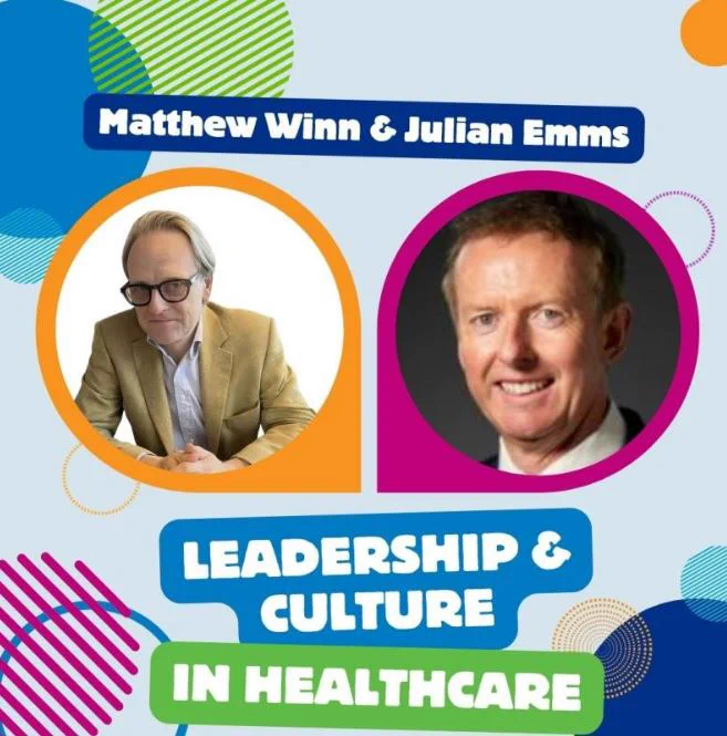 Graphic with different coloured circles in the background.
Matthew Winn and Julian Emms.
Two circles, each with a photo of a person in.
Leadership and culture in healthcare title underneath.