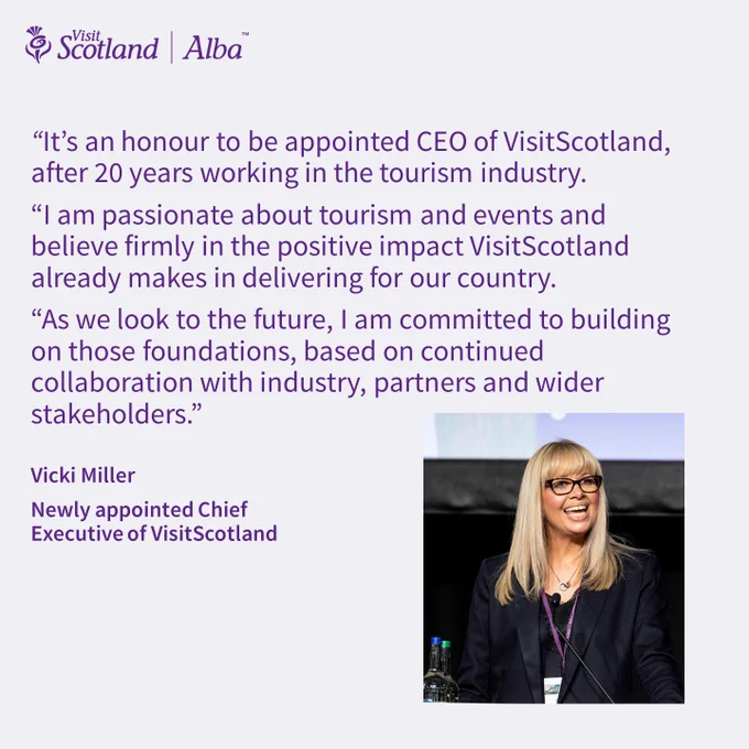 An image of Vicki Miller who has been appointed as the new CEO of VisitScotland. The image is accompanied by the following quote from Vicki. It reads: "It's an honour to be appointed CEO of VisitScotland after 20 years working in the tourism industry. I am passionate about tourism and events and believe firmly in the positive impact VisitScotland already makes in delivering for our country. As we look to the future, I am committed to building on those foundations, based on continued collaboration with industry, partners and wider stakeholders."