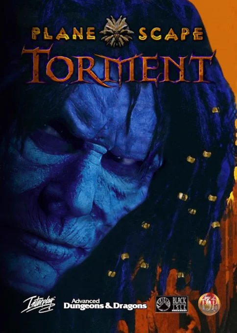 The front cover of Planescape Torment, a video game, showing an undead man with his face puckered by mummification, his head surrounded by thick dreadlocks threaded through little gold rings.