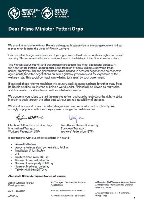 Page one of our letter to Finnish Prime Minister Petteri Orpo outlining our opposition to the government's plans to restrict trade union organisng. The letter is signed by ITF General Secretary Stephen Cotton and ETF General Secretary Livia Spera. 