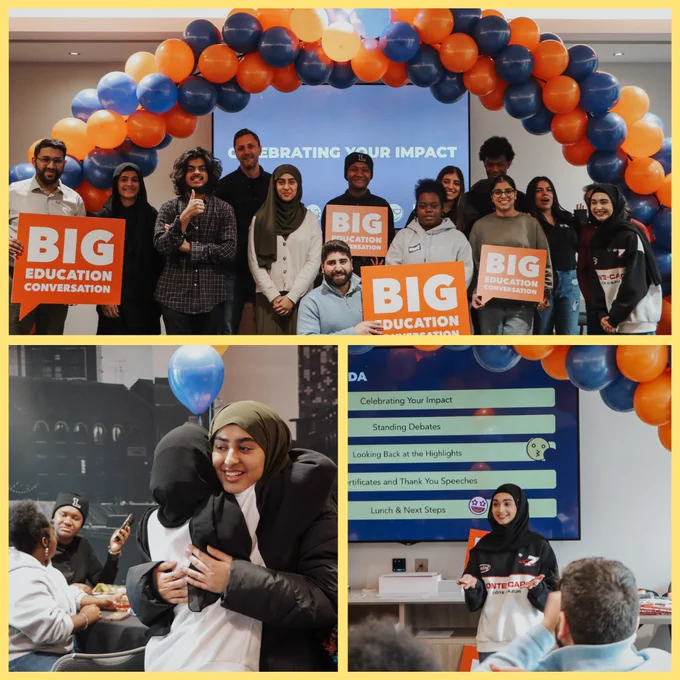 A collage of three photographs featuring young people in an indoor area celebrating an event with orange signs with the text 'Big Education Conversation' and balloons
