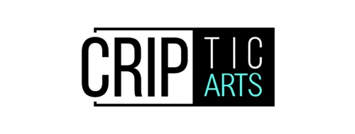'CRIPtic Arts' in black, white and blue letters - the background is white on the left and black on the right creating a rectangle around the words.